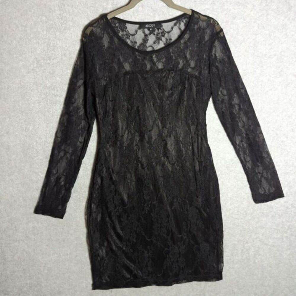 Black Lace Bodycon‎ mini Dress M Long Sleeve Sheer Sleeve Fairy Goth Sexy Y2K 90